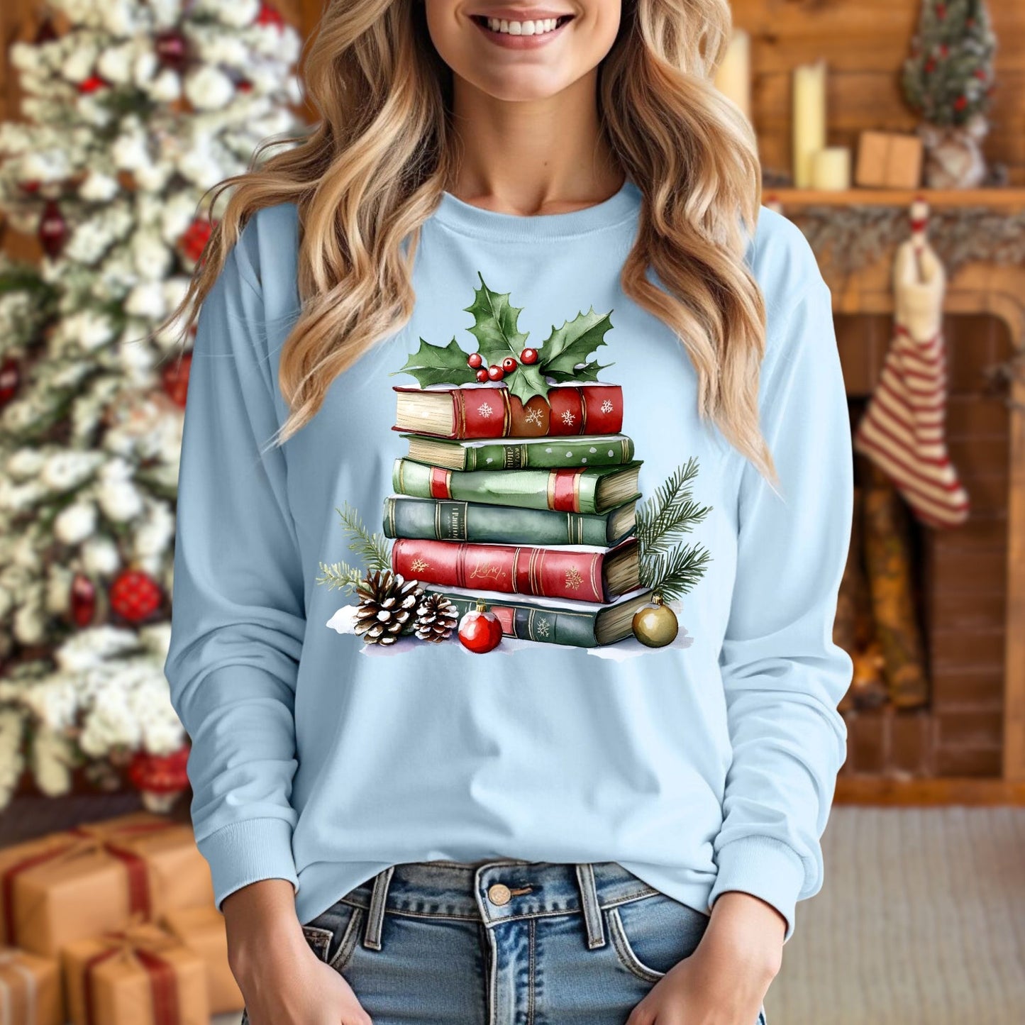 Christmas Book Stack Long Sleeve Tee