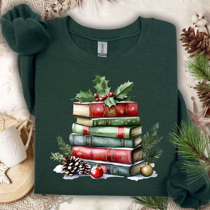 Forest Green Gildan sweatshirt with a watercolor stack of Christmas books, holly, pinecones, and ornaments.