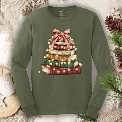 Military Green long sleeve tee with a watercolor Christmas book tree design and string lights.