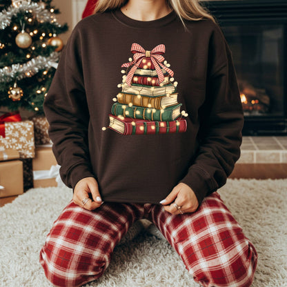 Brown fleece sweatshirt with a vintage book Christmas tree design and glowing lights.