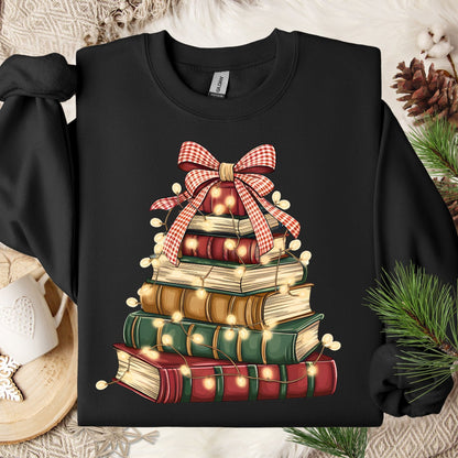 Black Gildan sweatshirt with a vintage book Christmas tree design, glowing lights, and a red gingham bow.