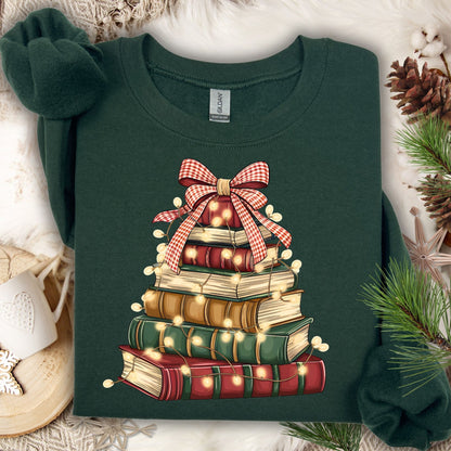 Forest Green S sweatshirt with a vintage book Christmas tree design and glowing lights.
