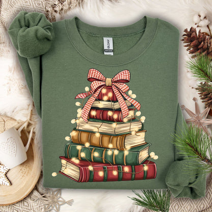 Military Green sweatshirt with a vintage book tree design, red plaid bow, and glowing twinkle lights.