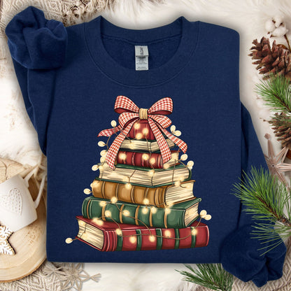 Navy Christmas Book Tree Sweatshirt with vintage books, twinkle lights, and a red gingham bow.