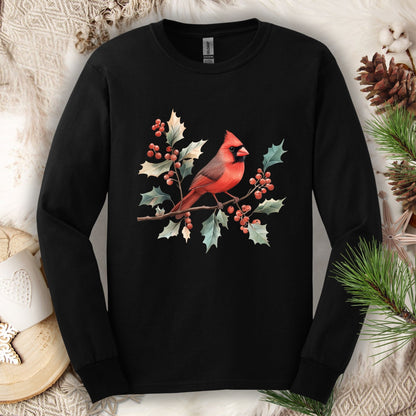 Black Gildan long sleeve tee with a watercolor red cardinal on a holly branch design.