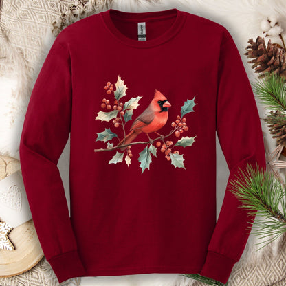 Cardinal Red Gildan long sleeve tee with watercolor cardinal on holly branch.
