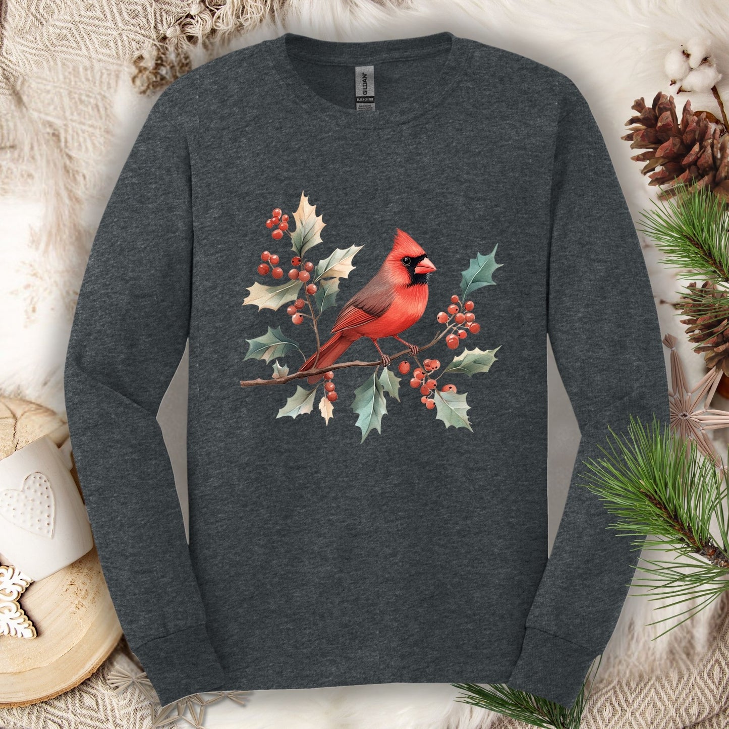 Dark Heather Gildan long sleeve tee with a watercolor red cardinal on a holly branch design.
