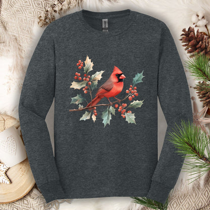 Dark Heather Gildan long sleeve tee with a watercolor red cardinal on a holly branch design.
