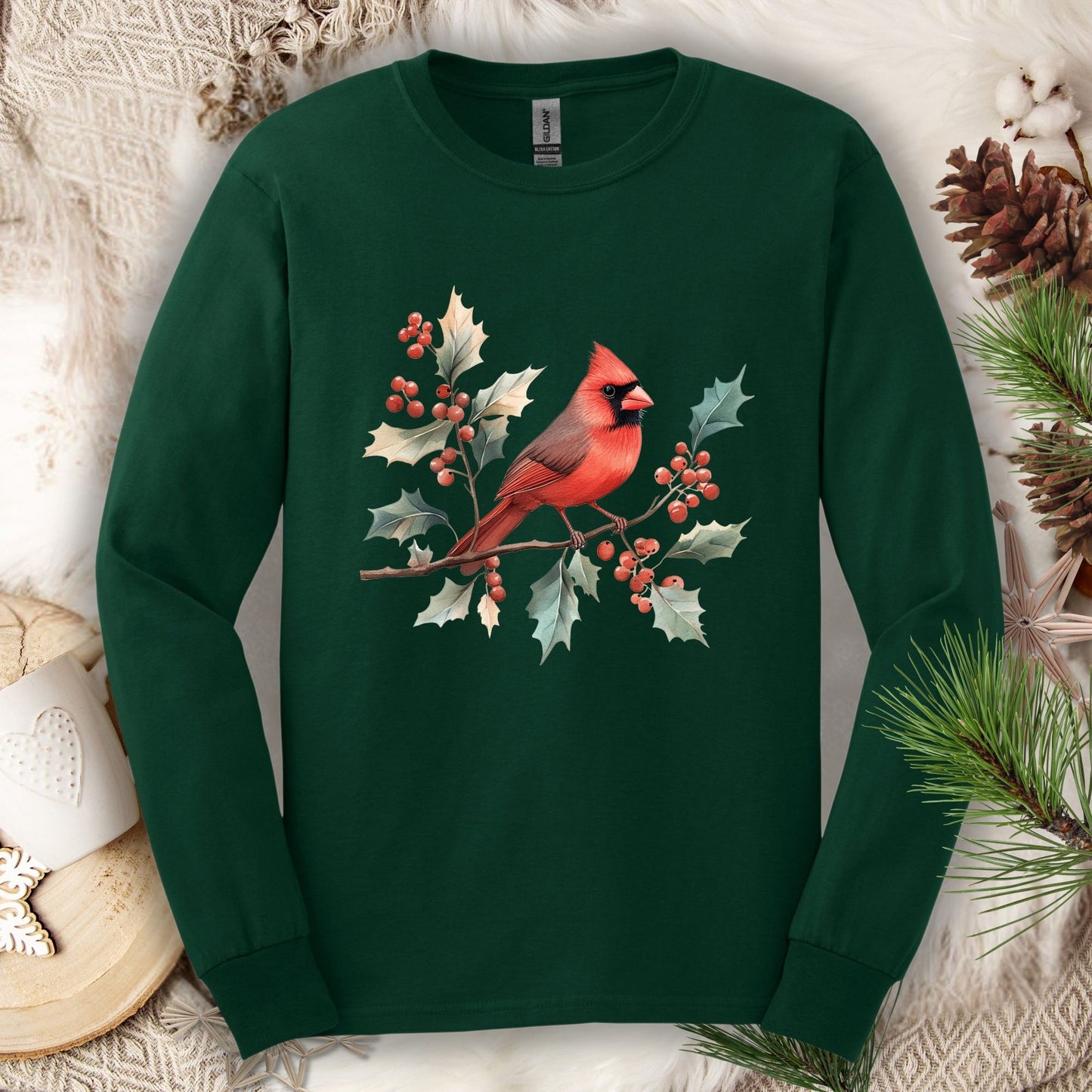 Forest Green long sleeve tee with a watercolor red cardinal on a holly branch design.
