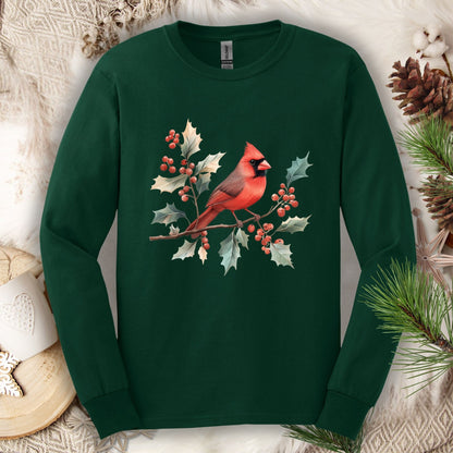 Forest Green long sleeve tee with a watercolor red cardinal on a holly branch design.