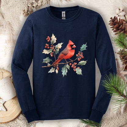 Navy long sleeve tee with a watercolor red cardinal on a holly branch design.