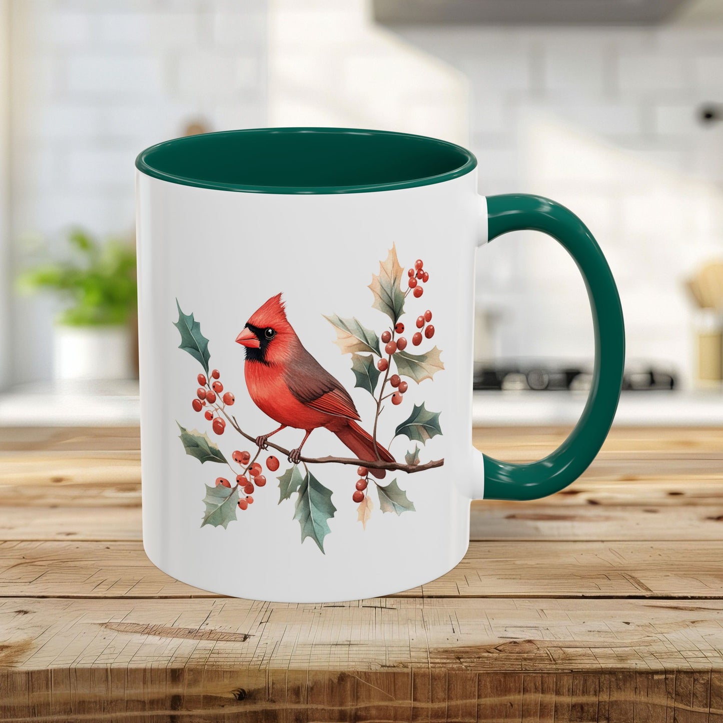 Christmas Cardinal on Holly Branches Mug (11/15 oz)