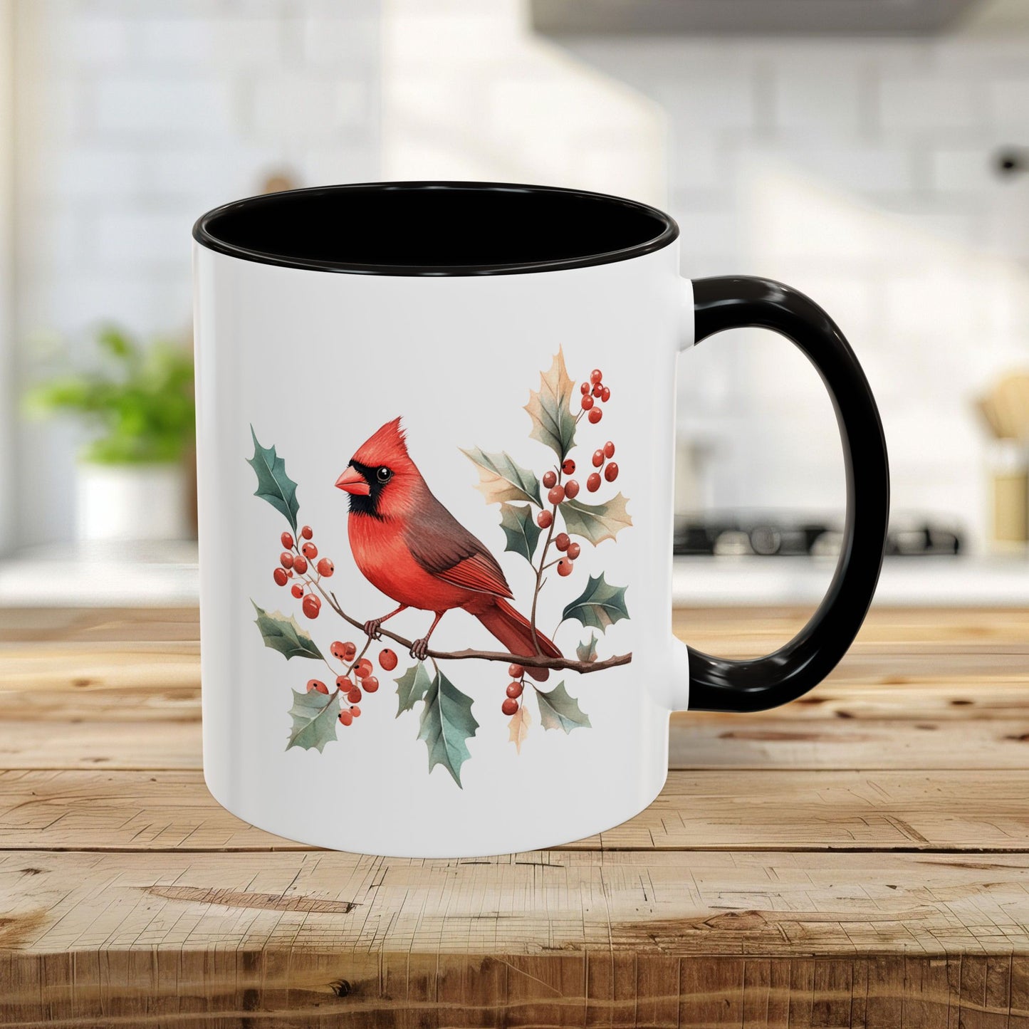 Christmas Cardinal on Holly Branches Mug (11/15 oz)