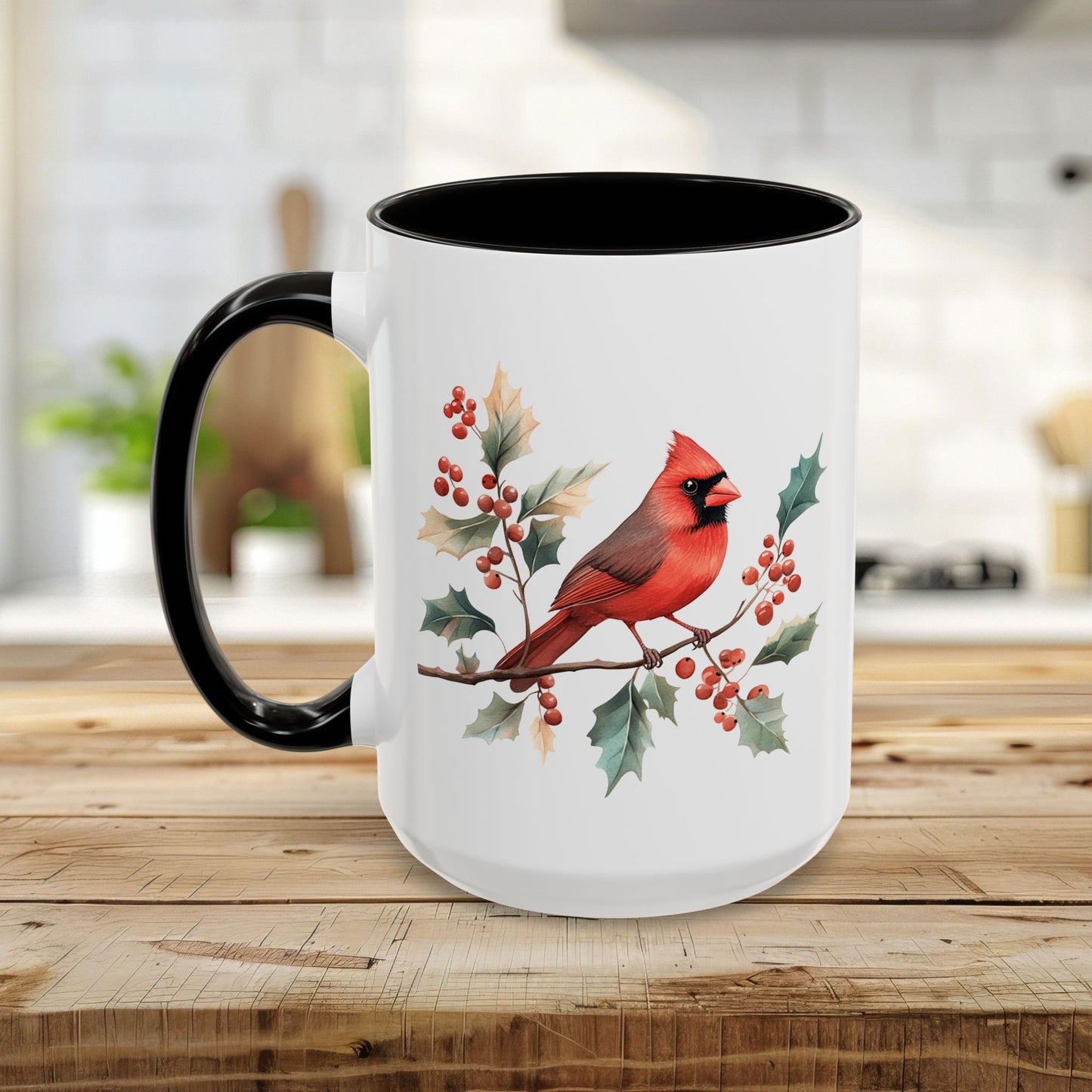 Christmas Cardinal on Holly Branches Mug (11/15 oz)