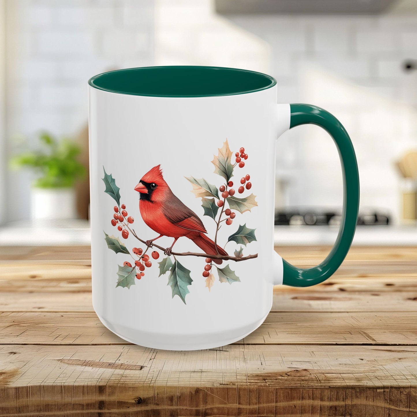 Christmas Cardinal on Holly Branches Mug (11/15 oz)