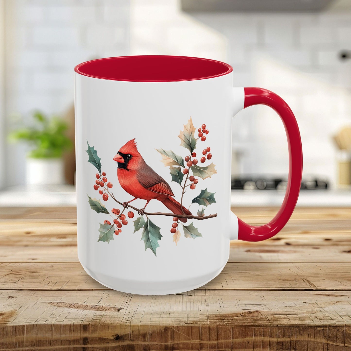 Christmas Cardinal on Holly Branches Mug (11/15 oz)