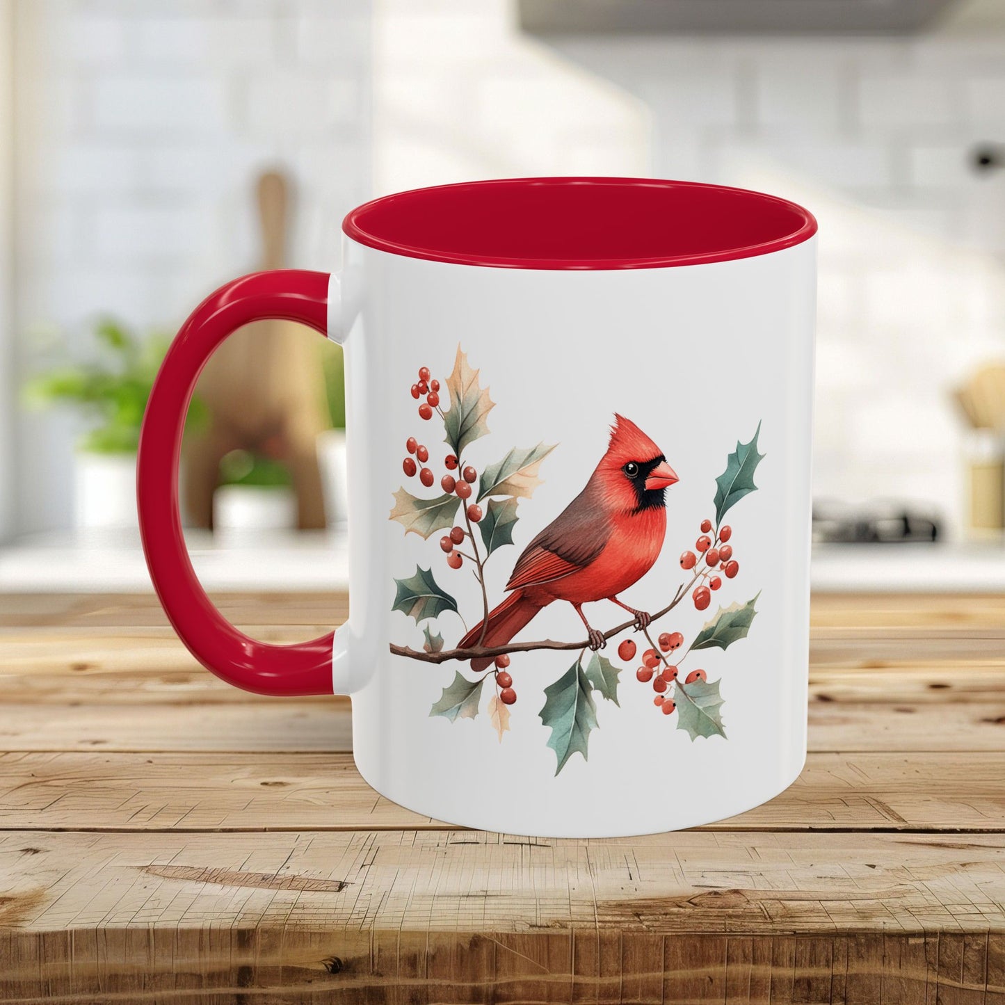 Christmas Cardinal on Holly Branches Mug (11/15 oz)