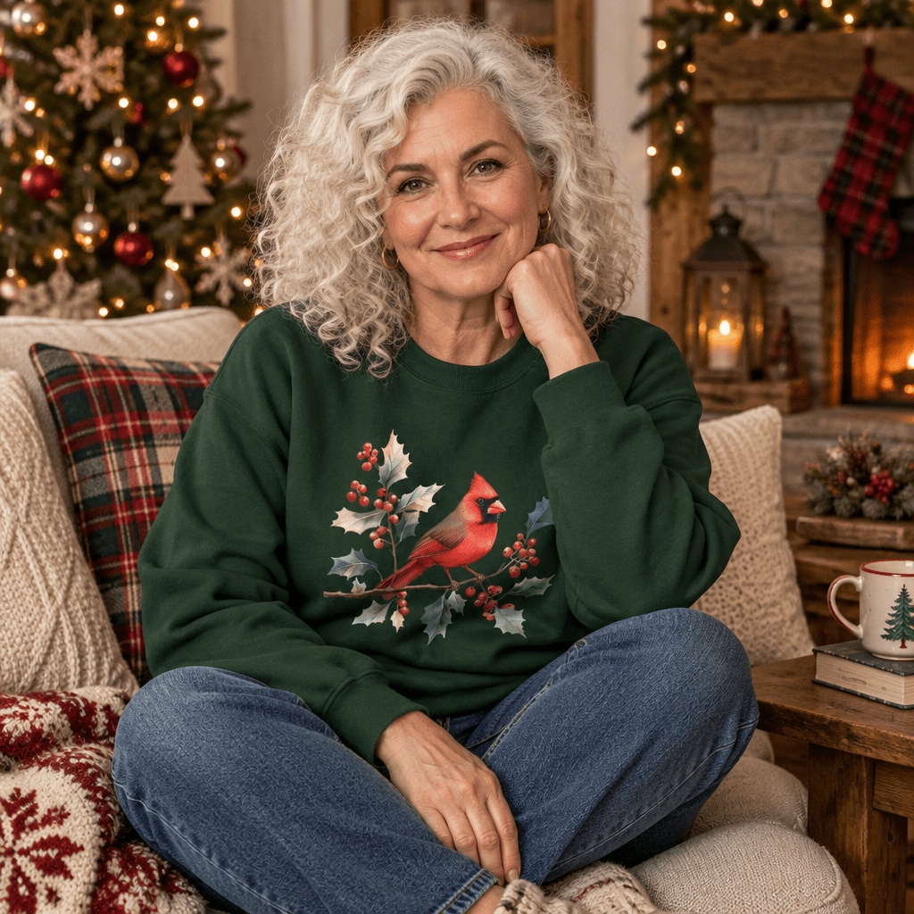 Christmas Cardinal on Holly Branches Sweatshirt