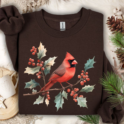 Brown crewneck sweatshirt with a vibrant red cardinal on holly branches design.