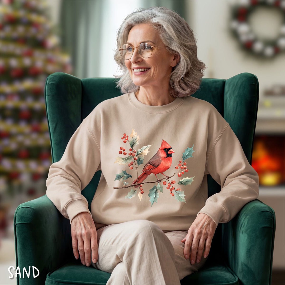 Christmas Cardinal on Holly Branches Sweatshirt