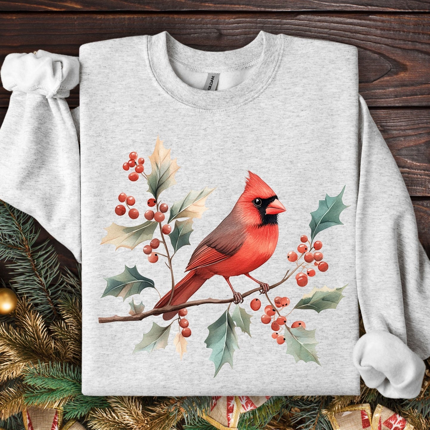 Ash gray crewneck sweatshirt with a vibrant red cardinal on holly branches design.