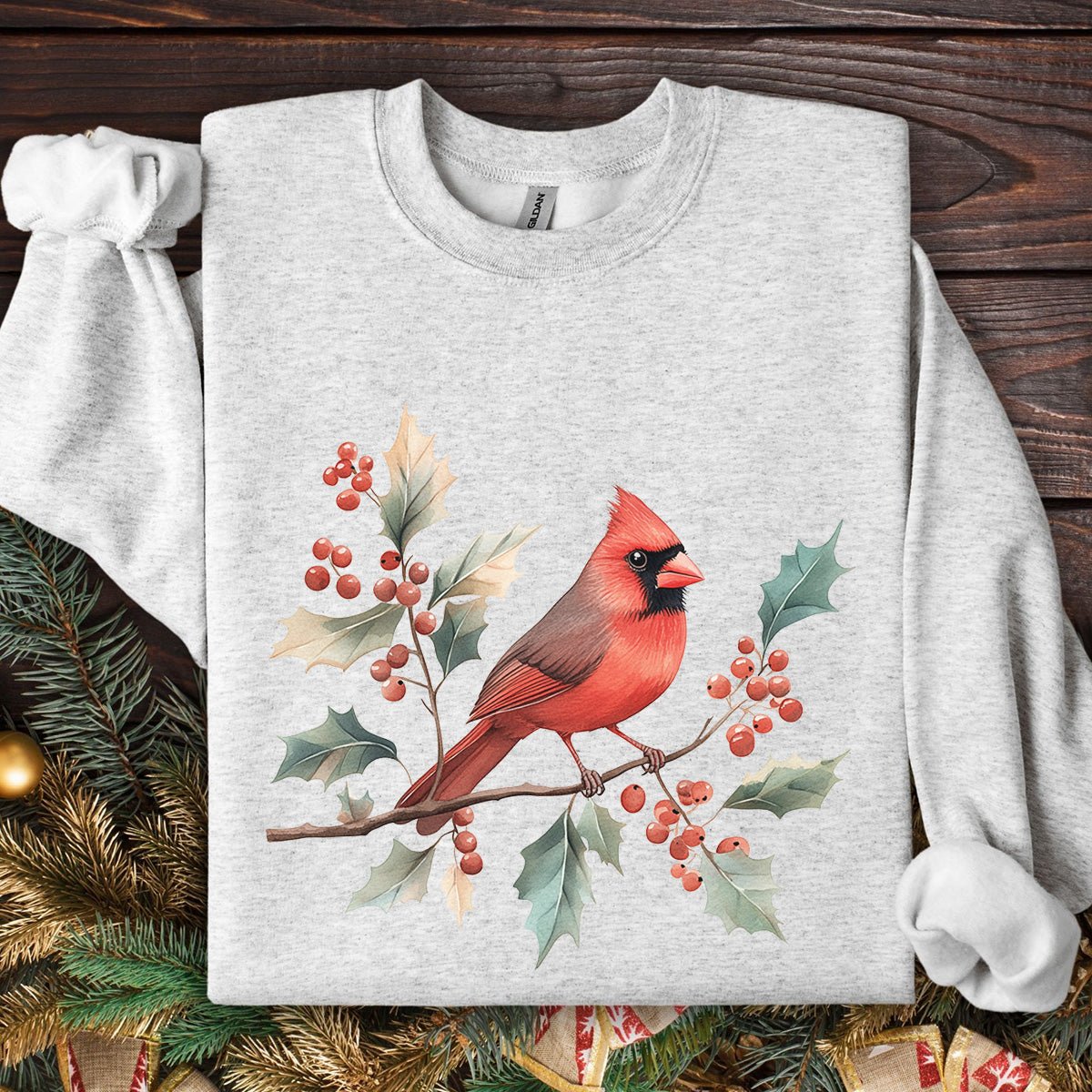 Christmas Cardinal on Holly Branches Sweatshirt