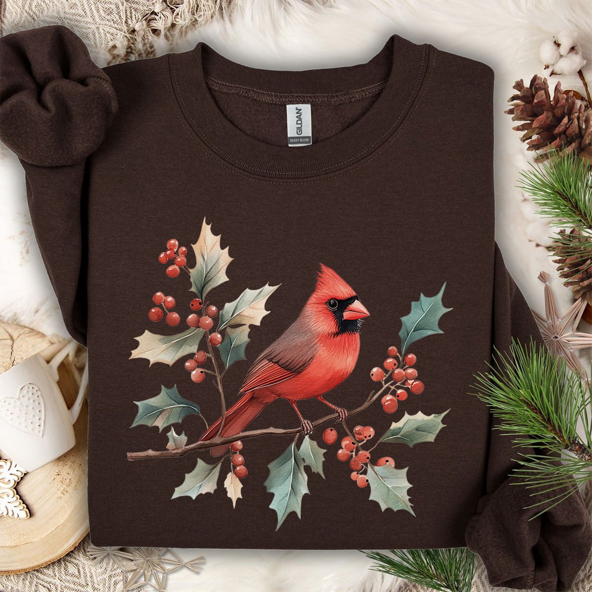 Christmas Cardinal on Holly Branches Sweatshirt