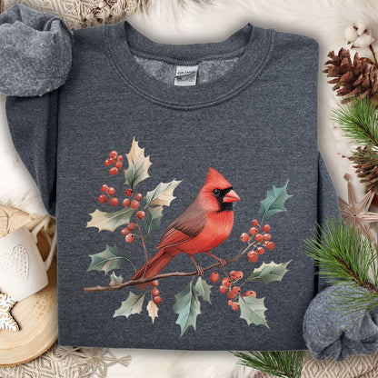 Christmas Cardinal on Holly Branches Sweatshirt