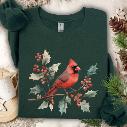 Christmas Cardinal on Holly Branches Sweatshirt