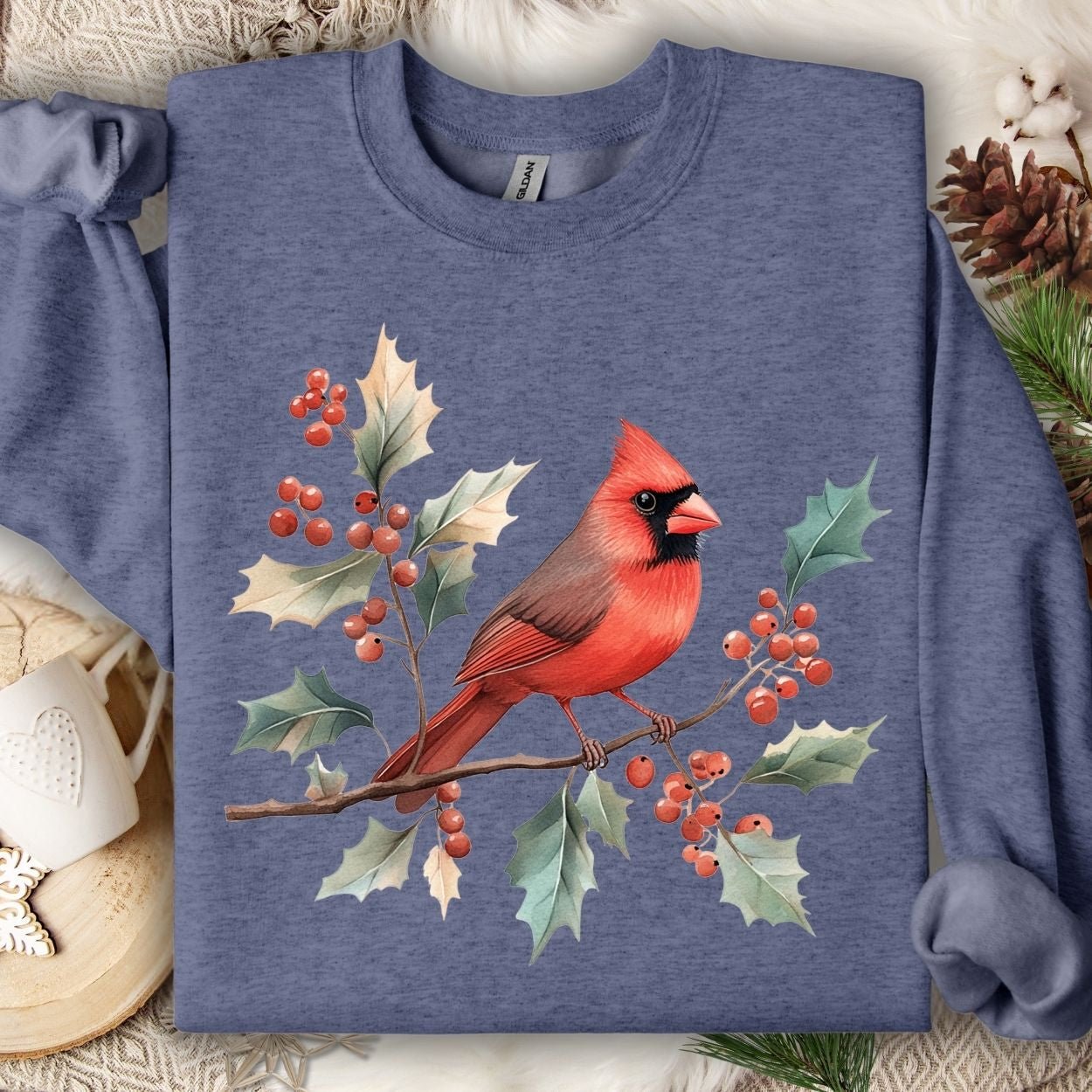 Heather Sport Dark Navy sweatshirt with a vibrant red cardinal on holly branches design.