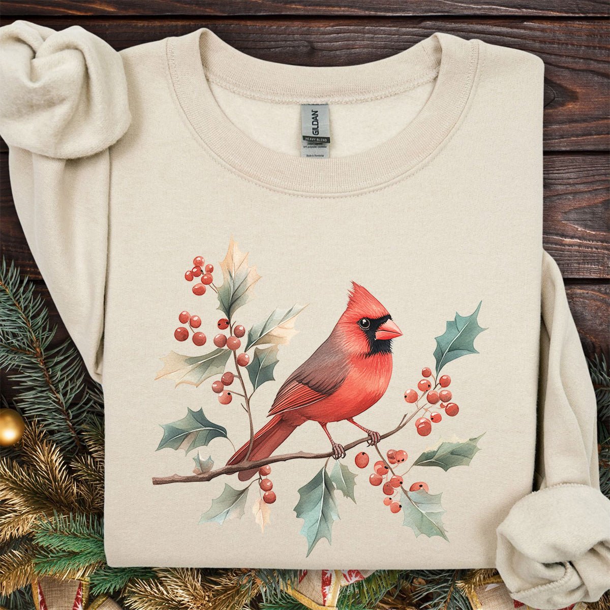 Christmas Cardinal on Holly Branches Sweatshirt
