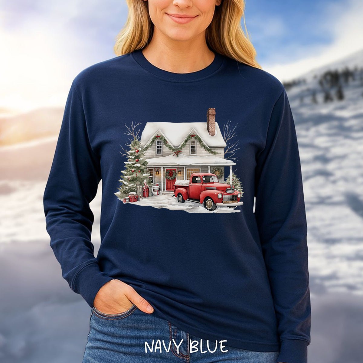 Christmas Farmhouse & Pickup Truck Long Sleeve Tee