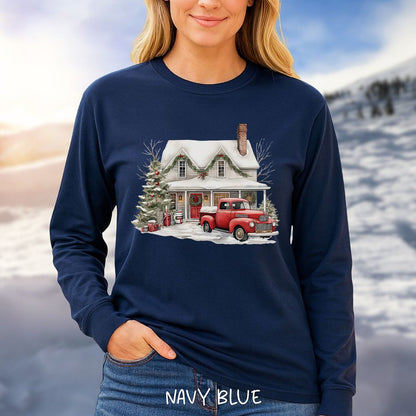 Christmas Farmhouse & Pickup Truck Long Sleeve Tee