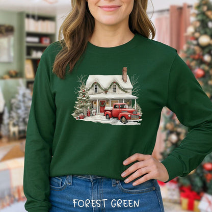 Christmas Farmhouse & Pickup Truck Long Sleeve Tee