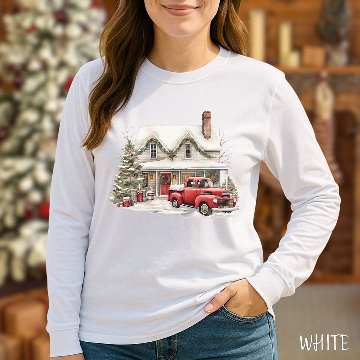 Christmas Farmhouse & Pickup Truck Long Sleeve Tee