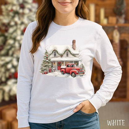Christmas Farmhouse & Pickup Truck Long Sleeve Tee