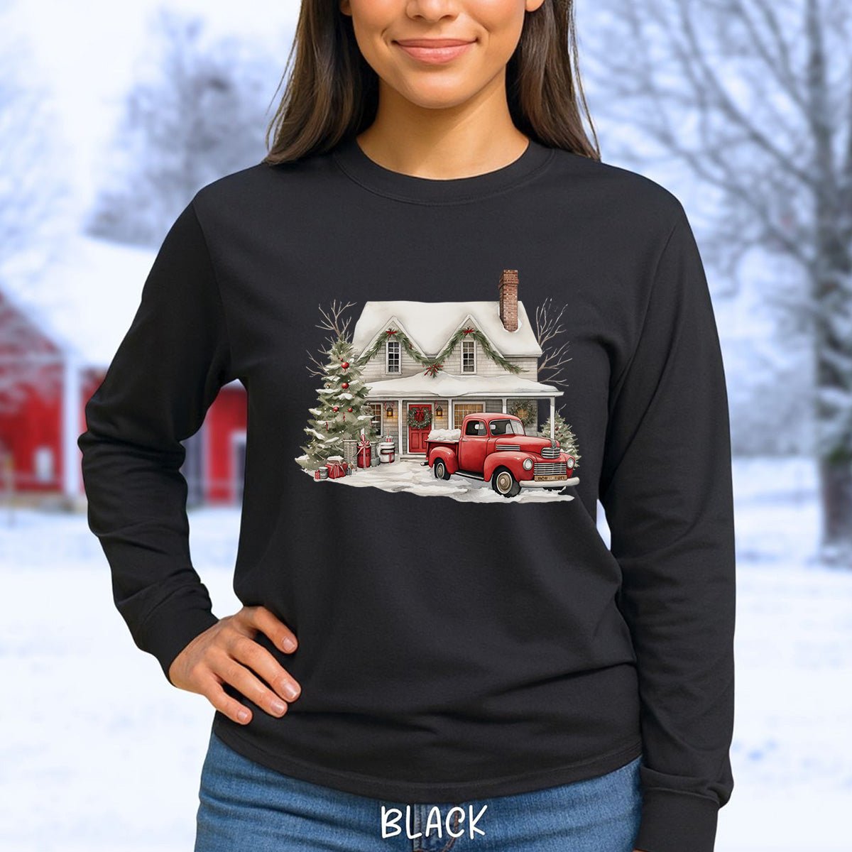 Christmas Farmhouse & Pickup Truck Long Sleeve Tee