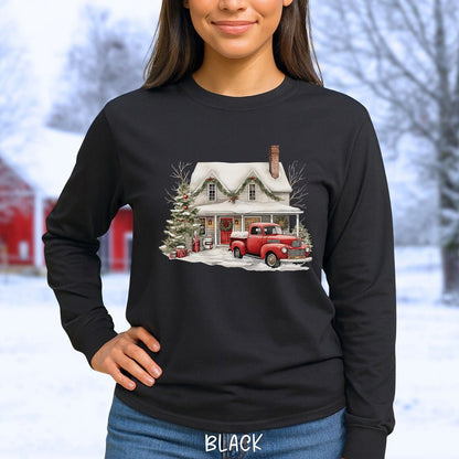 Christmas Farmhouse & Pickup Truck Long Sleeve Tee