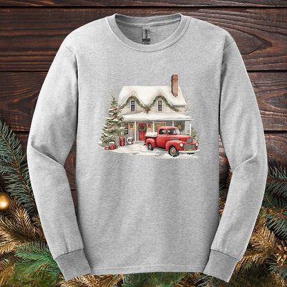 Christmas Farmhouse & Pickup Truck Long Sleeve Tee