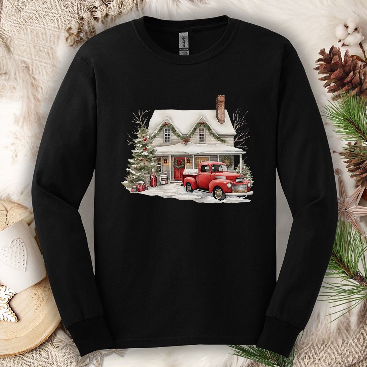 Christmas Farmhouse & Pickup Truck Long Sleeve Tee