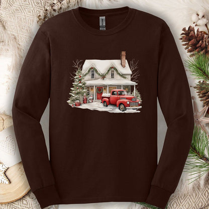 Christmas Farmhouse & Pickup Truck Long Sleeve Tee
