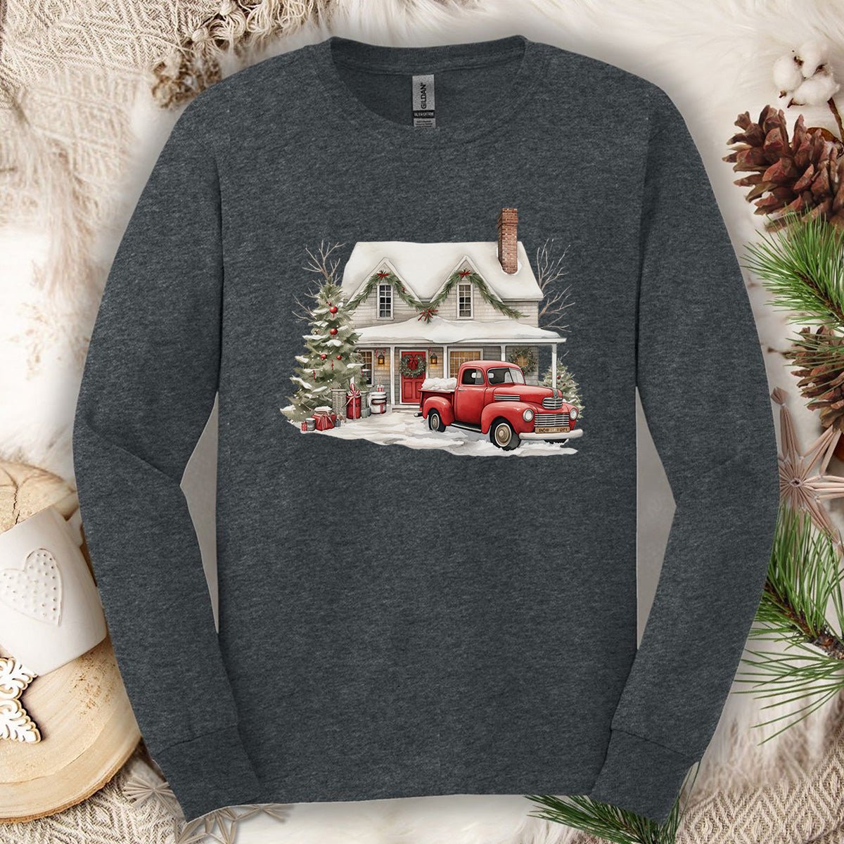 Christmas Farmhouse & Pickup Truck Long Sleeve Tee