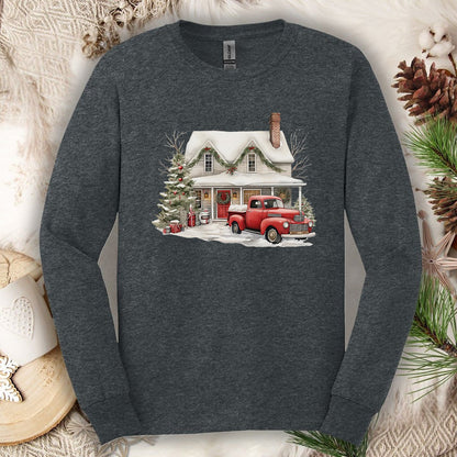 Christmas Farmhouse & Pickup Truck Long Sleeve Tee