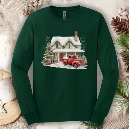 Christmas Farmhouse & Pickup Truck Long Sleeve Tee