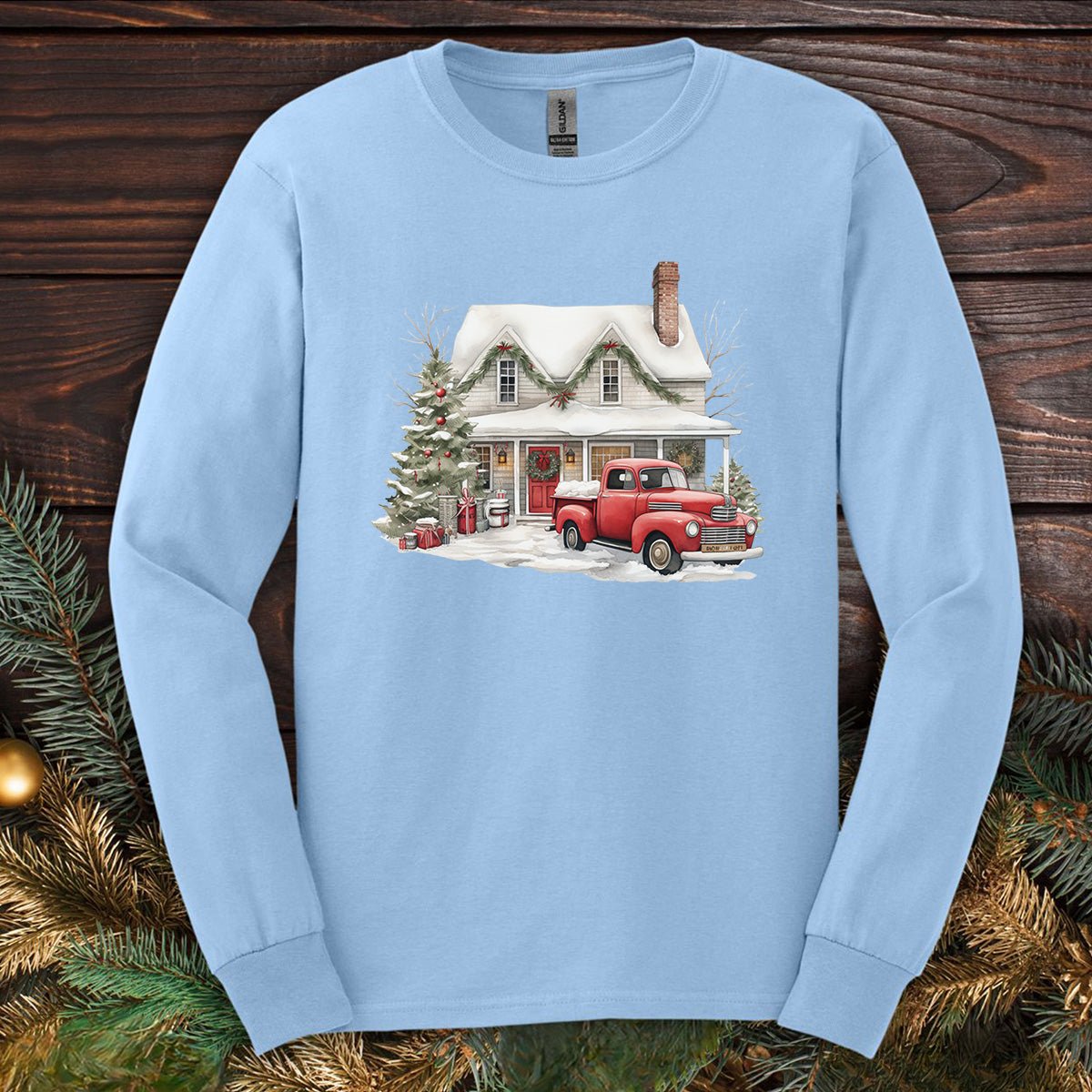 Christmas Farmhouse & Pickup Truck Long Sleeve Tee