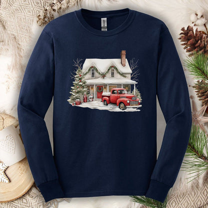 Christmas Farmhouse & Pickup Truck Long Sleeve Tee