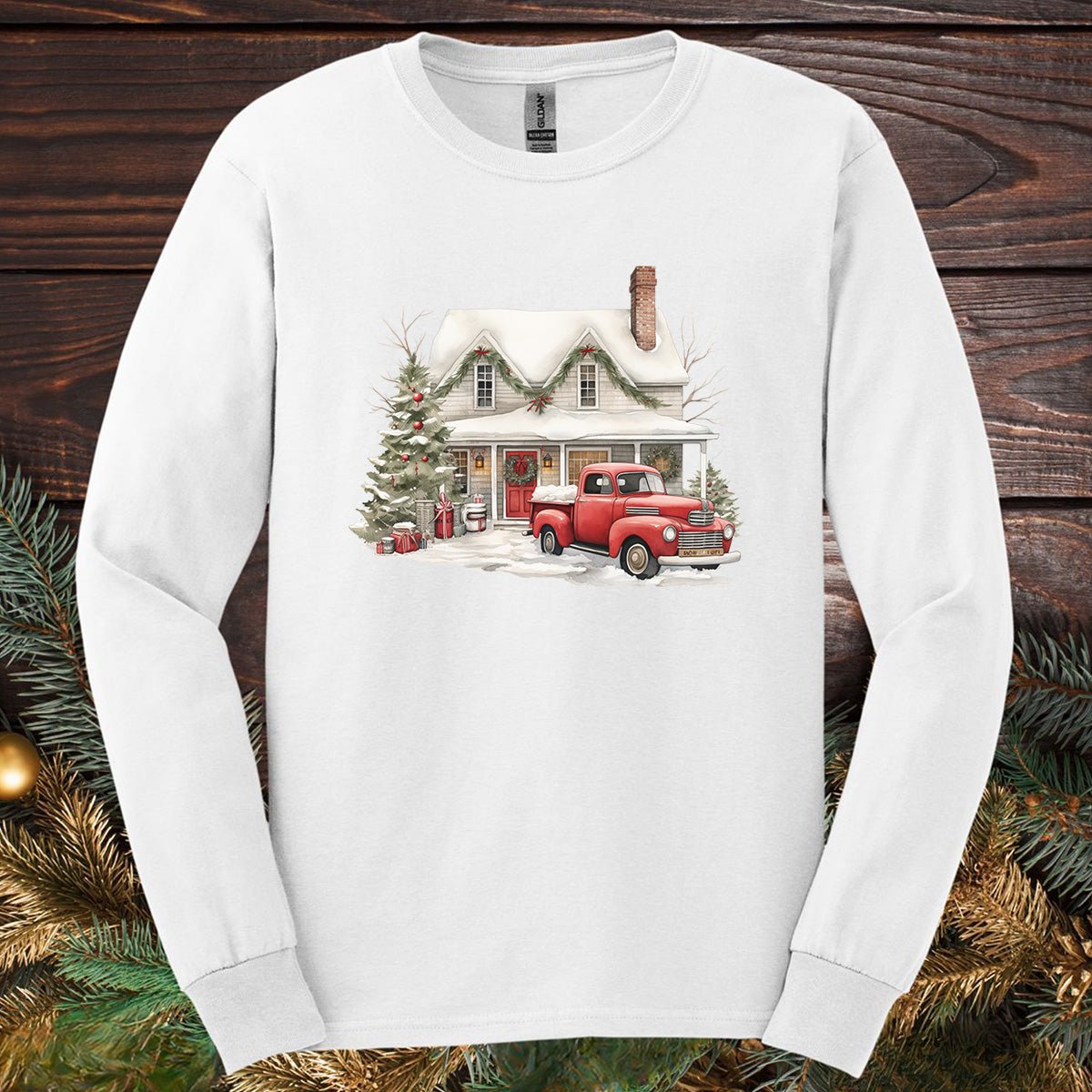 Christmas Farmhouse & Pickup Truck Long Sleeve Tee