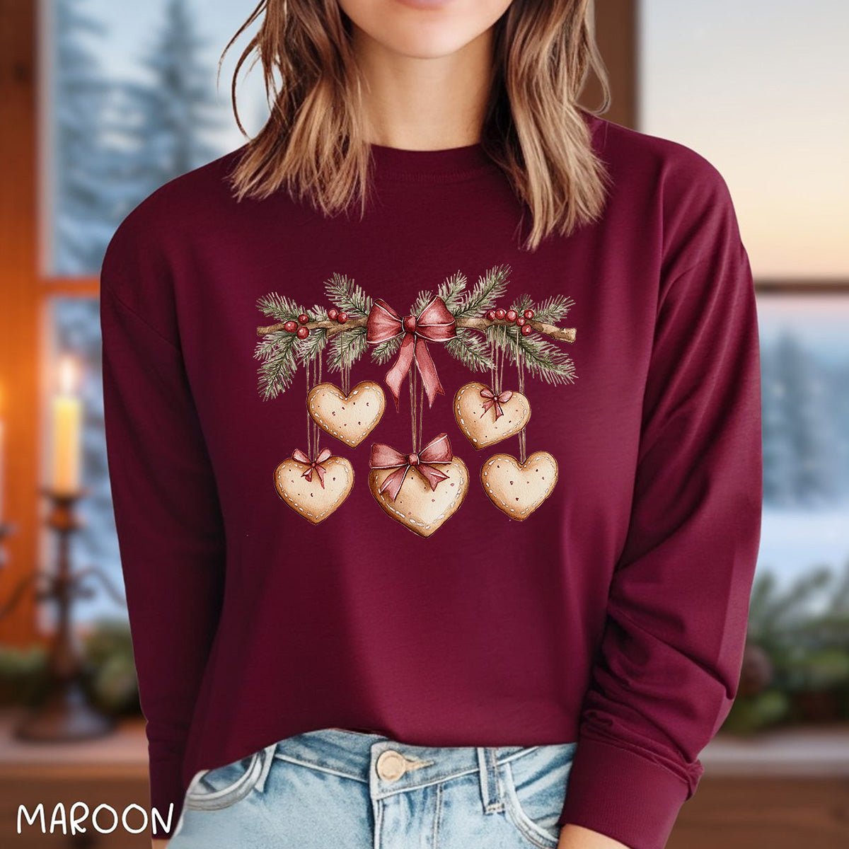 Christmas Gingerbread Heart Garland Long Sleeve Tee
