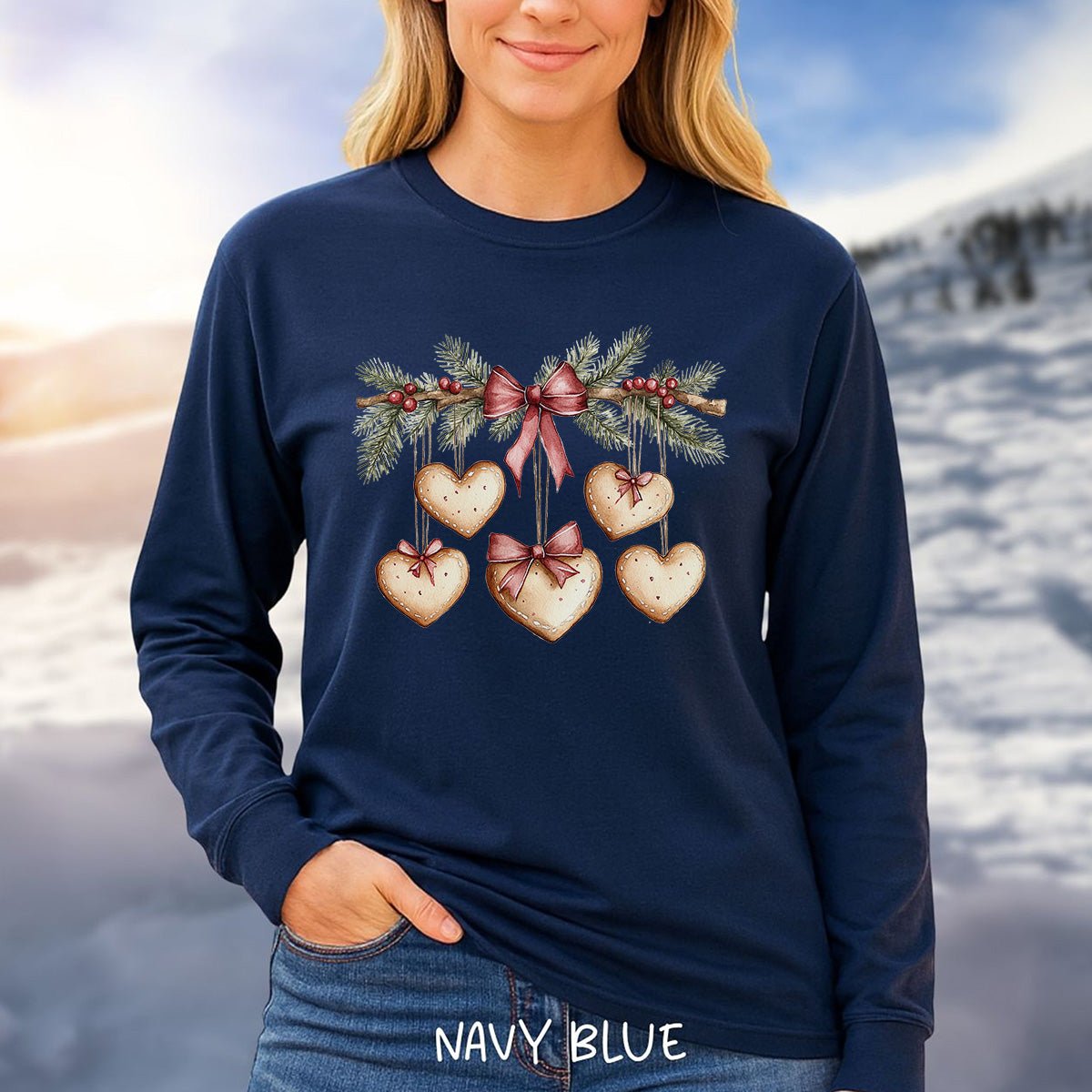 Christmas Gingerbread Heart Garland Long Sleeve Tee