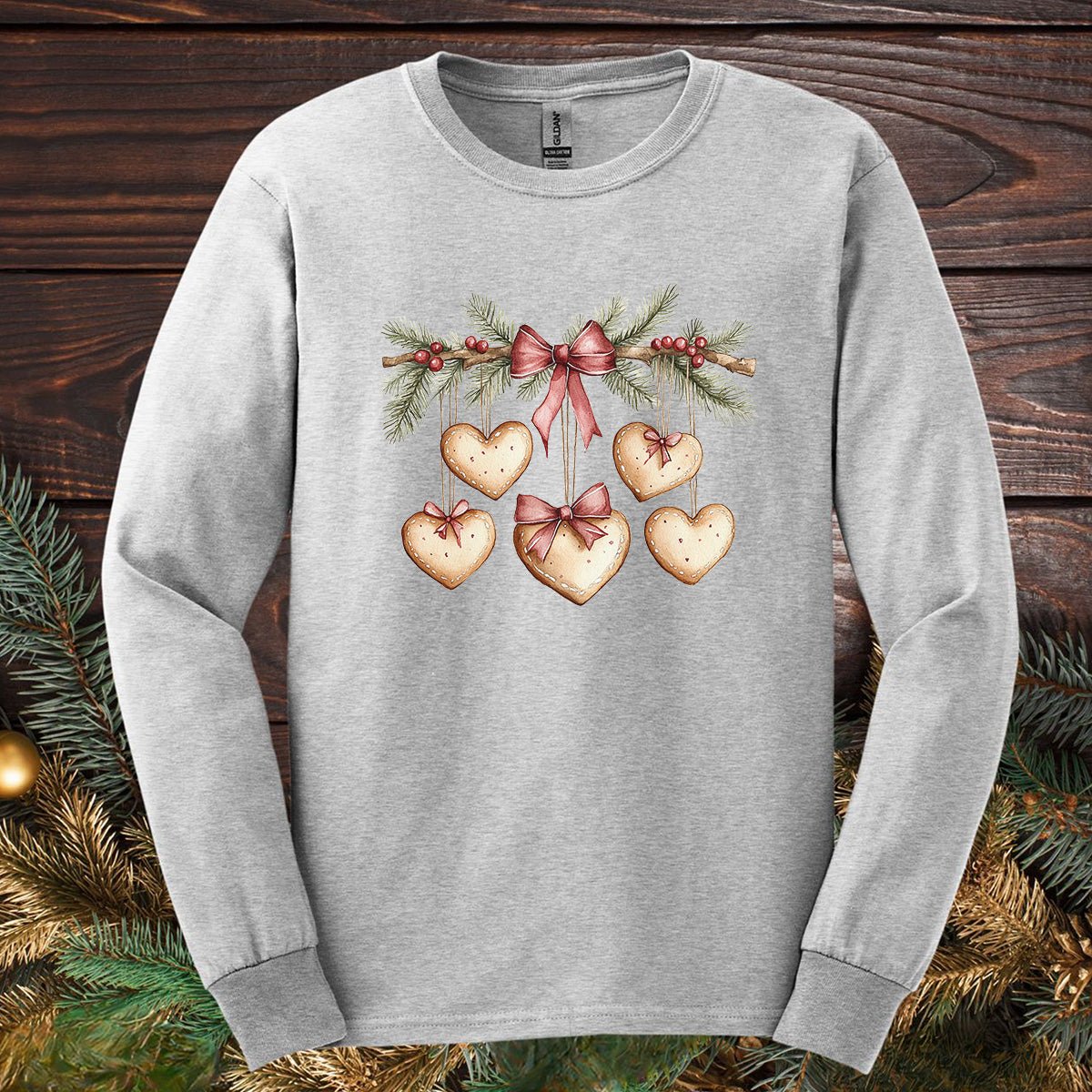 Christmas Gingerbread Heart Garland Long Sleeve Tee